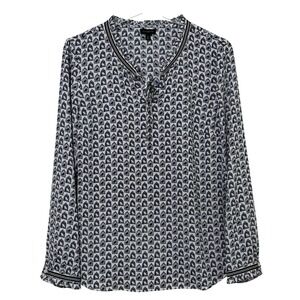 Talbots Womens - Size Small -Navy Blue Birdcage Print Ruffle Tie‎ Neck Blouse